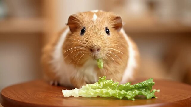 Adorable brown and white guinea pig munching on fresh green lettuce, close-up pet portrait indoors
