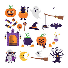 Enchanting Halloween Elements: A collection of spooky Halloween elements. Including carved pumpkins, ghosts, and witchy accents, it evokes a sense of playfulness and eerie ambiance.