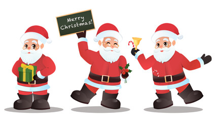 Set of vector Santa mascot. Santa claus cute character holding gift box and mistletoe in seasonal design.