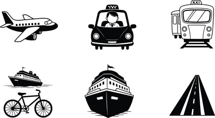 Transport icons set, airplane, taxi, train, cruise ship, bicycle, cargo ship, straight road, travel and mobility vector illustration