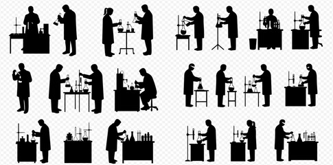 Silhouettes of researchers and scientists engaged in various chemical and scientific experiments within a laboratory.