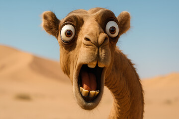 Close-up of a funny shocked camel with wide eyes and an open mouth, set against a desert landscape under a clear sky.