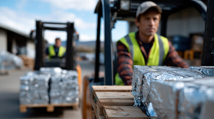 A focused forklift operator moves a pallet of silver-wrapped products in a busy warehouse, showcasing the importance of precision in logistics and materials handling.
