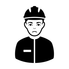 A simple vector icon of a male construction worker or engineer with a sad facial expression. The man is wearing a safety helmet and a uniform, depicted in a minimal black and white style.
