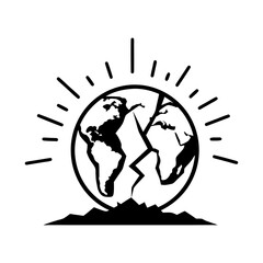 A stylized black and white illustration of a cracked Earth globe emitting rays, set atop a mountain range, representing environmental concerns and global challenges.