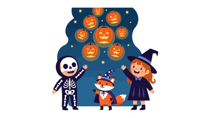 Halloween Delight: A playful cartoon depicts three costumed children, a skeleton, a fox, and a witch, marveling at the whimsical sight of illuminated jack-o'-lanterns in the night sky.
