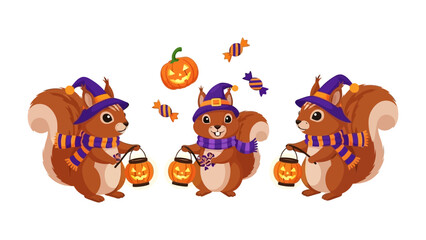 Halloween Squirrels: Three adorable squirrels in festive Halloween attire, including hats and scarves, stand in front of a playful and illustrative holiday scene. 