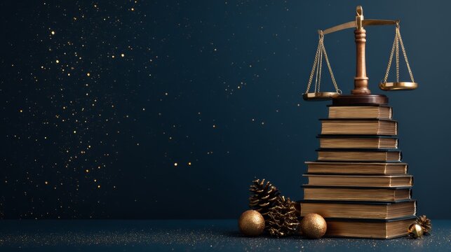 A Christmas tree made of law books with a golden scale of justice on top. The background is dark blue with sparkling particles. copy space