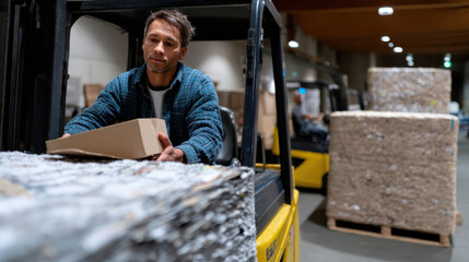 A focused man carefully handling a package in a warehouse next to a forklift, demonstrating the essential operations of logistics and warehouse management effectively.