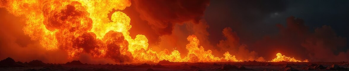 Obraz premium Fiery Explosion Dramatic Orange and Yellow Flames Against Dark Background - Perfect for Power, Destruction, Energy, or Disaster Concepts