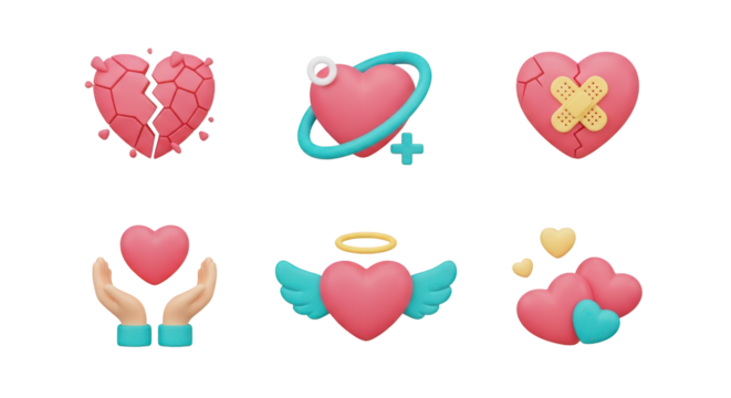 Six 3D heart icons with different themes isolated on a transparent background love broken heart - Powered by Adobe