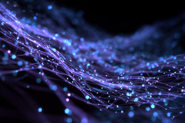 Abstract glowing blue and purple digital network connections with light particles