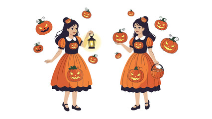Enchanting Halloween: Adorable illustration of a young woman with a basket stands near multiple pumpkins. A beautiful illustration of a halloween themed image perfect for halloween season.