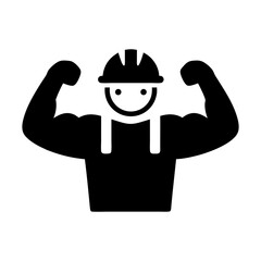 A black and white glyph icon of a strong, smiling worker wearing a hard hat and overalls, flexing both bicep muscles to show power and physical strength.