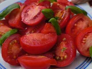 Delicious fresh tomato salad close-up