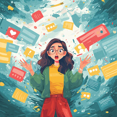 square banner with young woman overwhelmed with social media / work / email notifications; cartoon style emotional design 