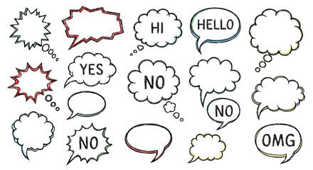 Crayon speech bubble vector set - hand drawn doodle chat balloon shapes, think cloud sketches. Distressed outline callout frames for message, quote, dialog text. Comic book conversation element. 