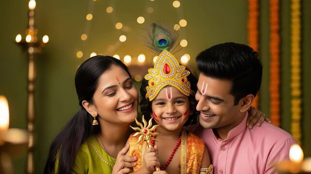 little boy in lord rama costume with parents 