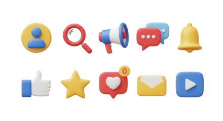Social media icons user search megaphone chat bell like star isolated on a transparent background