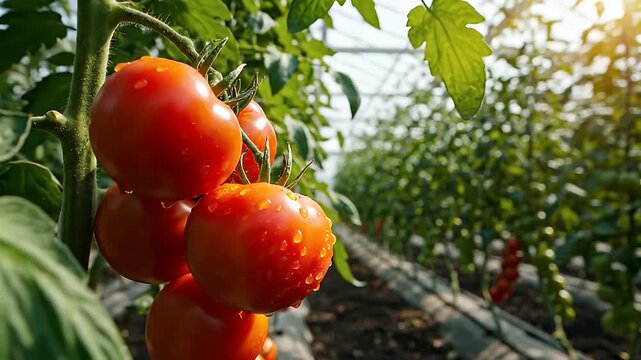 Close-up of vibrant red tomatoes ripening on the vine in a sunlit greenhouse, showcasing fresh produce and sustainable agriculture