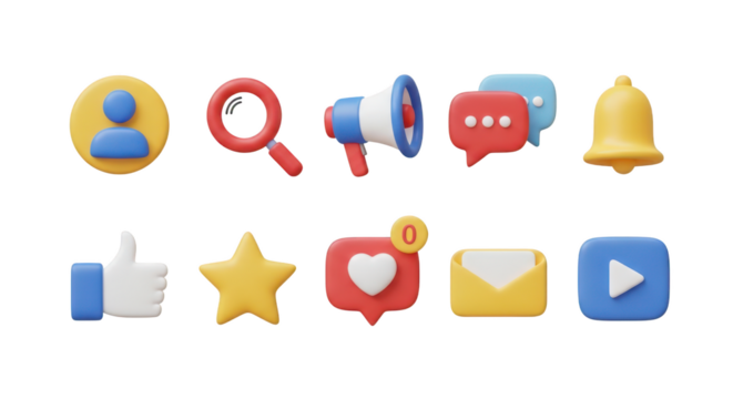 Social media icons user search megaphone chat bell like star isolated on a transparent background
