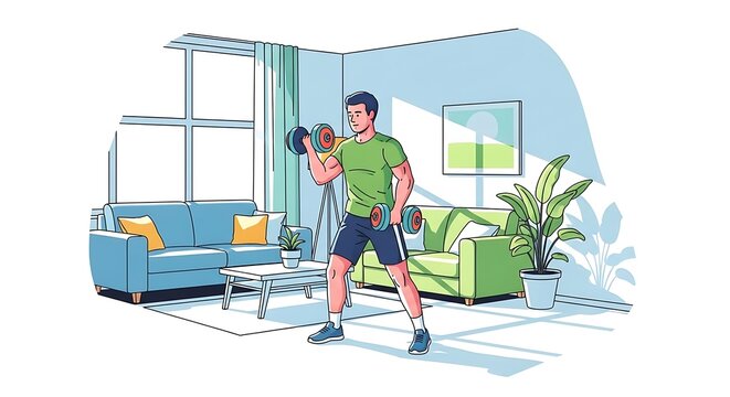 Young Man Exercising with Dumbbells in Modern Living Room, Practicing Home Fitness for a Healthy Lifestyle and Well-being Routine, Flat Vector Illu...