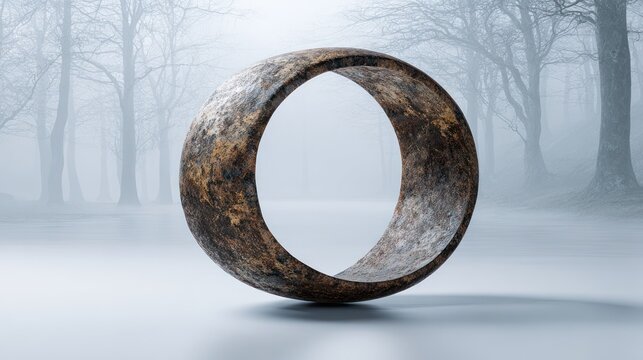 Abstract ring structure stands out in a misty forest setting with blurred background