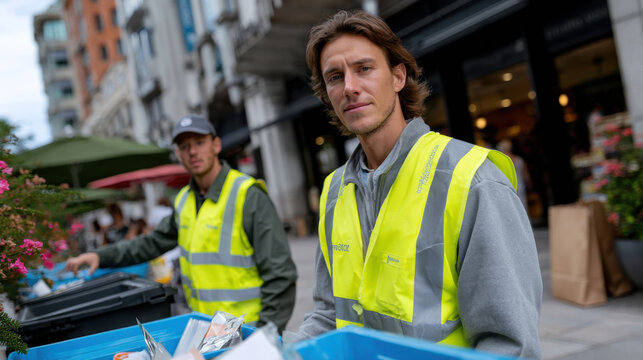 Two diligent workers in reflective vests efficiently sort recyclable materials, showcasing community efforts for sustainability and environmental responsibility in an urban setting.