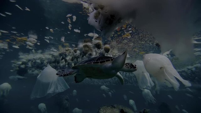 Turtle Swimming In Polluted Ocean
