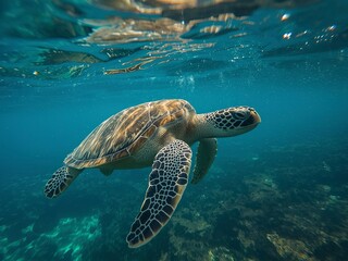 Fototapeta premium Majestic sea turtle gracefully glides through crystal clear turquoise ocean waters near coral reef, a serene underwater wildlife encounter.