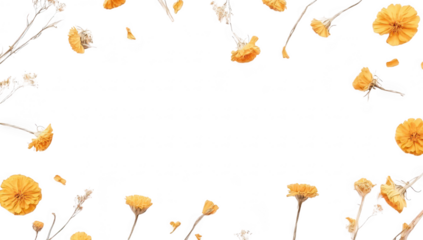 A serene arrangement of dried yellow flowers scattered on a clean white background. creating a minimalist aesthetic perfect for nature-themed designs or seasonal decorations