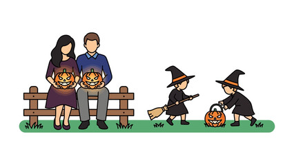 Halloween Family Scene: A heartwarming family scene unfolds as parents and children engage in festive trick-or-treating activities, filled with excitement, and playful fun.