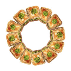 Delicious sweet baklava pastry dessert arranged in a circular wreath shape top view