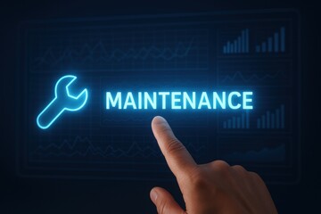Naklejka premium Smart factory predictive maintenance. Futuristic maintenance interface with a hand pointing at glowing text and wrench icon.
