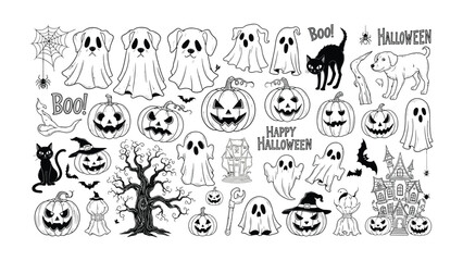 Halloween Icons Collection: A diverse array of hand-drawn, monochrome illustrations featuring classic Halloween motifs like pumpkins, ghosts, black cats, bats, haunted trees, and spooky text.