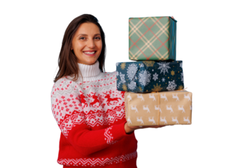 Woman holding stacked christmas gifts, proudly celebrating holiday spirit with festive presents, transparent background