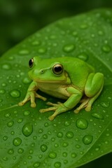 Naklejka premium green tree frog on leaf with dew