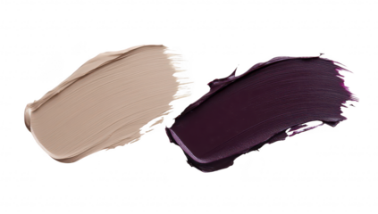 Two distinct swatches of creamy paint. one in a soft beige and the other in a deep purple. artistically smeared on a clean white background. perfect for design and color palette inspiration