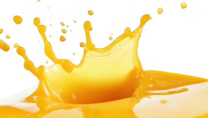 A splash of yellow liquid creating dynamic droplets against a pristine white background. symbolizing freshness and energy. perfect for culinary or beverage-related imagery