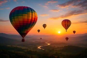 Obraz premium Colorful Hot-Air Balloons Over Valley at Sunrise