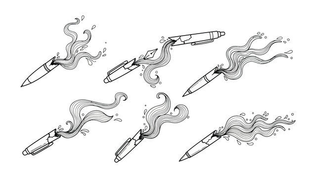 Creative Ink Flow Illustration: Artistic rendition of pens with flowing ink, exuding creativity, ideas, and artistic expression, rendered in a monochromatic style.
