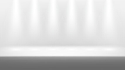 White podium stage with multiple spotlights, clean minimal background for product presentation, award stage, or exhibition design