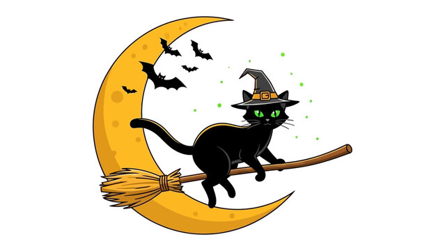 Halloween Cat's Lunar Flight: A whimsical illustration of a black cat, adorned with a witch hat, soaring gracefully on a broomstick against the backdrop of a crescent moon and silhouettes of bats.