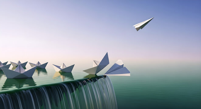 Leadership Innovation Paper Airplane Paper Boats Waterfall Blue Sky Copy Space - Powered by Adobe