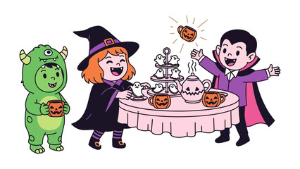 Spooky Halloween Delight: A trio of adorable children dressed in delightful costumes gather around a whimsical tea party table adorned with thematic treats.