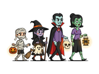 Halloween Costume Parade: Children dressed as a mummy, witch, vampire, and zombie parade. Each carries a Halloween pail.