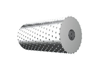 High-resolution, isolated Precision Industrial Grater Blade: Durable stainless steel cylindrical roller, sharp teeth. Ideal for heavy-duty food processing machinery and modern kitchen appliance design