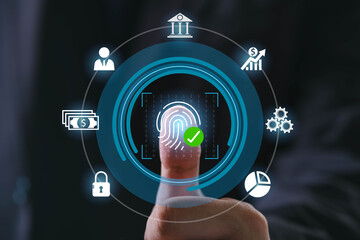 Fingerprint scan biometric technology for secure financial transactions, identity verification, banking authentication, data protection, and modern cybersecurity innovation for digital business.