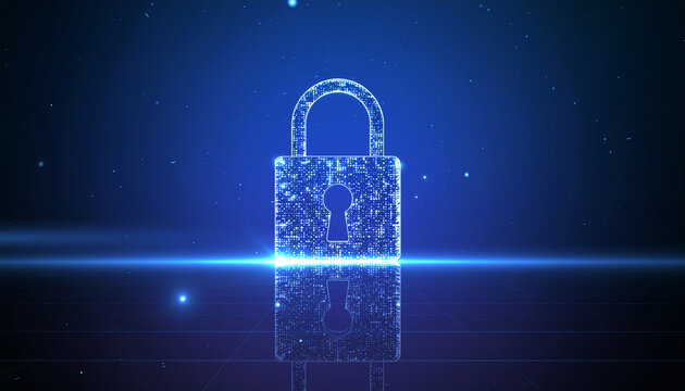 Digital padlock hologram made of glowing pixels, cybersecurity concept