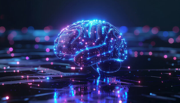 Futuristic glowing AI brain made of digital circuits and neural networks